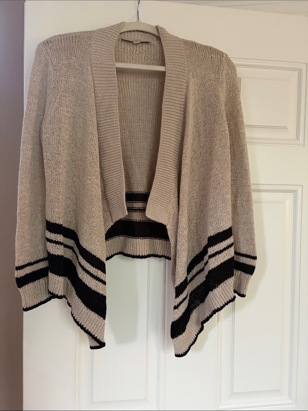 LOFT Beige Open-Front Cardigan with Black Stripe Trim